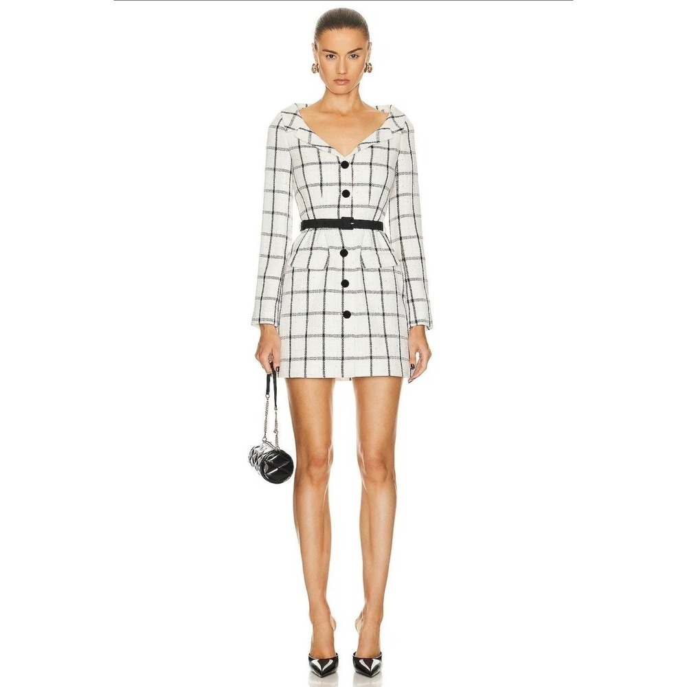 Self-Portrait Checkered Tweed Belted Mini Dress | Black White | UK 8 / US 4